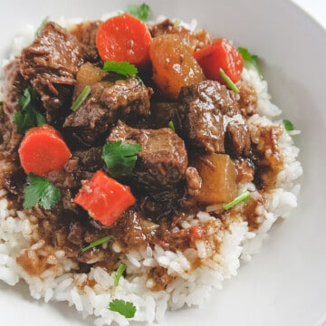 Chinese beef stew over rice.