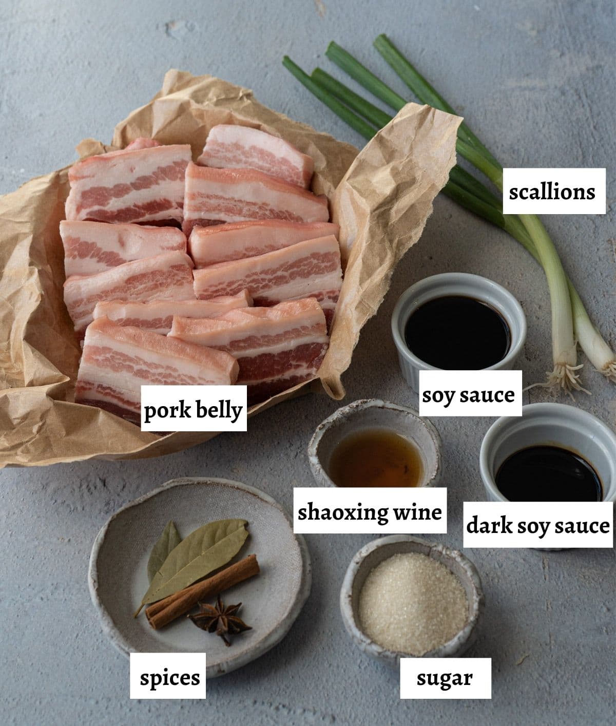 ingredients for making braised pork belly that goes in gua bao. 