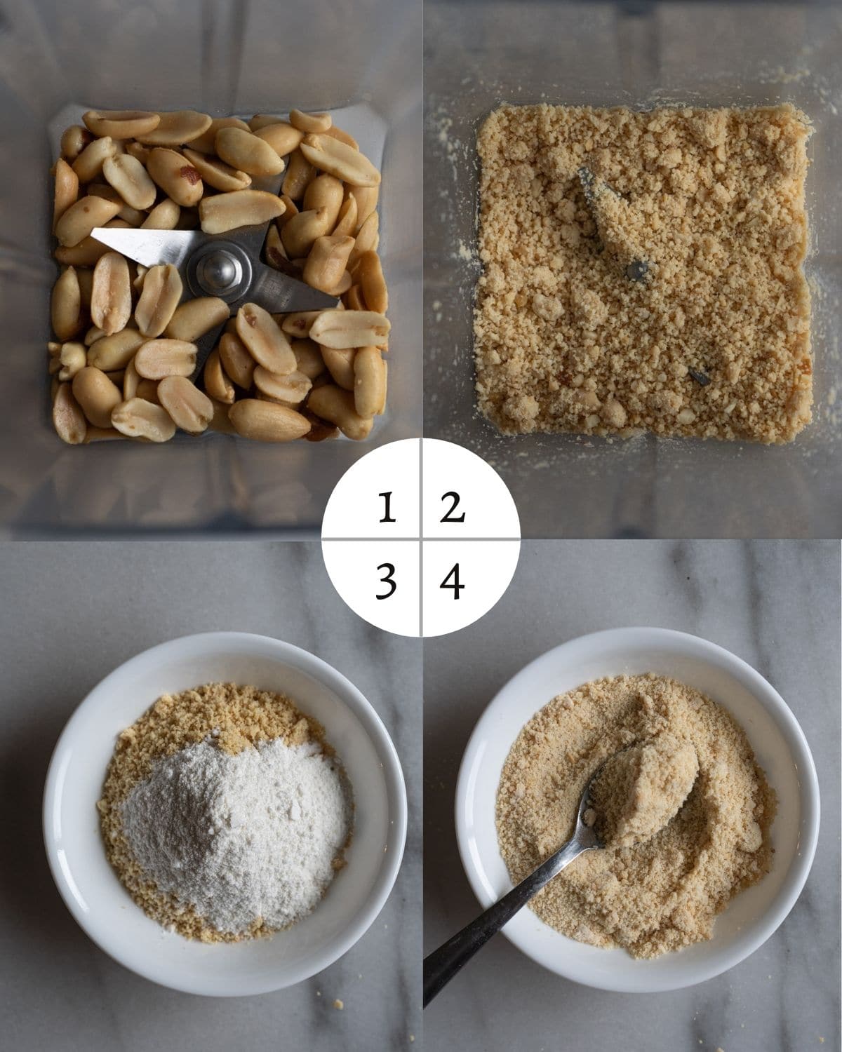 process shots of how to make coarse peanut powder. 