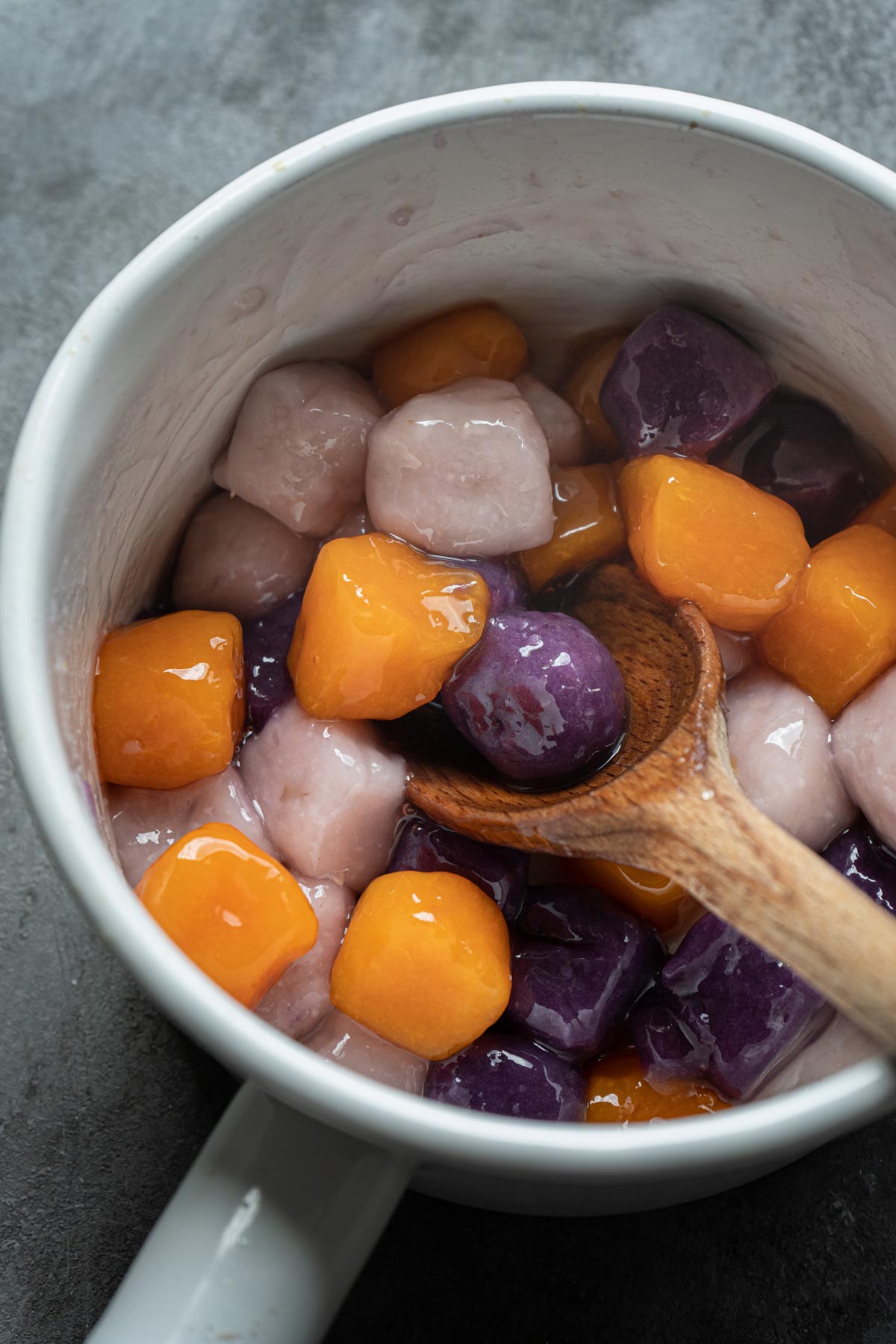 Cooked taro and sweet potato balls.