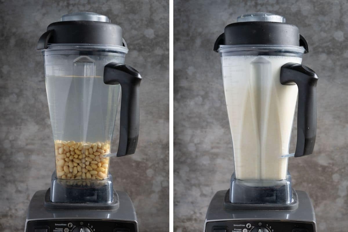 Blending soybeans and water in a vitamix.