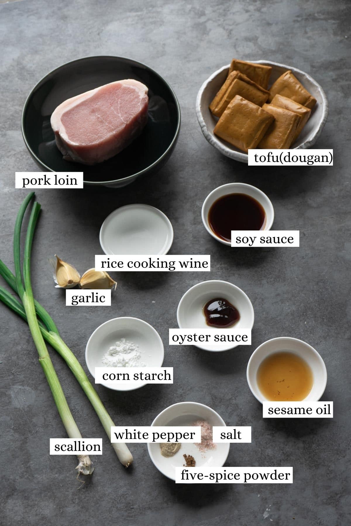 Ingredients for making pork and tofu stir fry, 