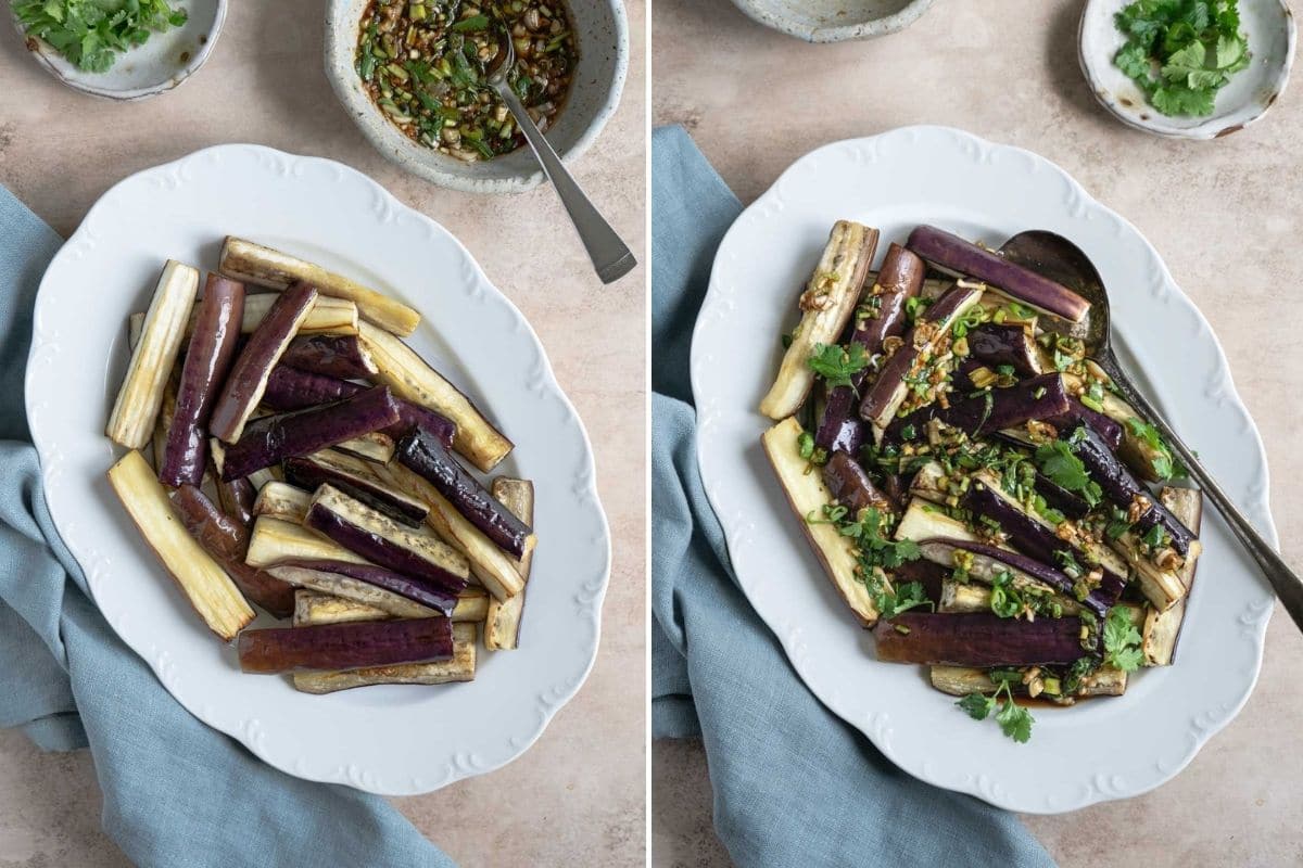 Eggplant side dish on a white oval plate with serving spoon. 