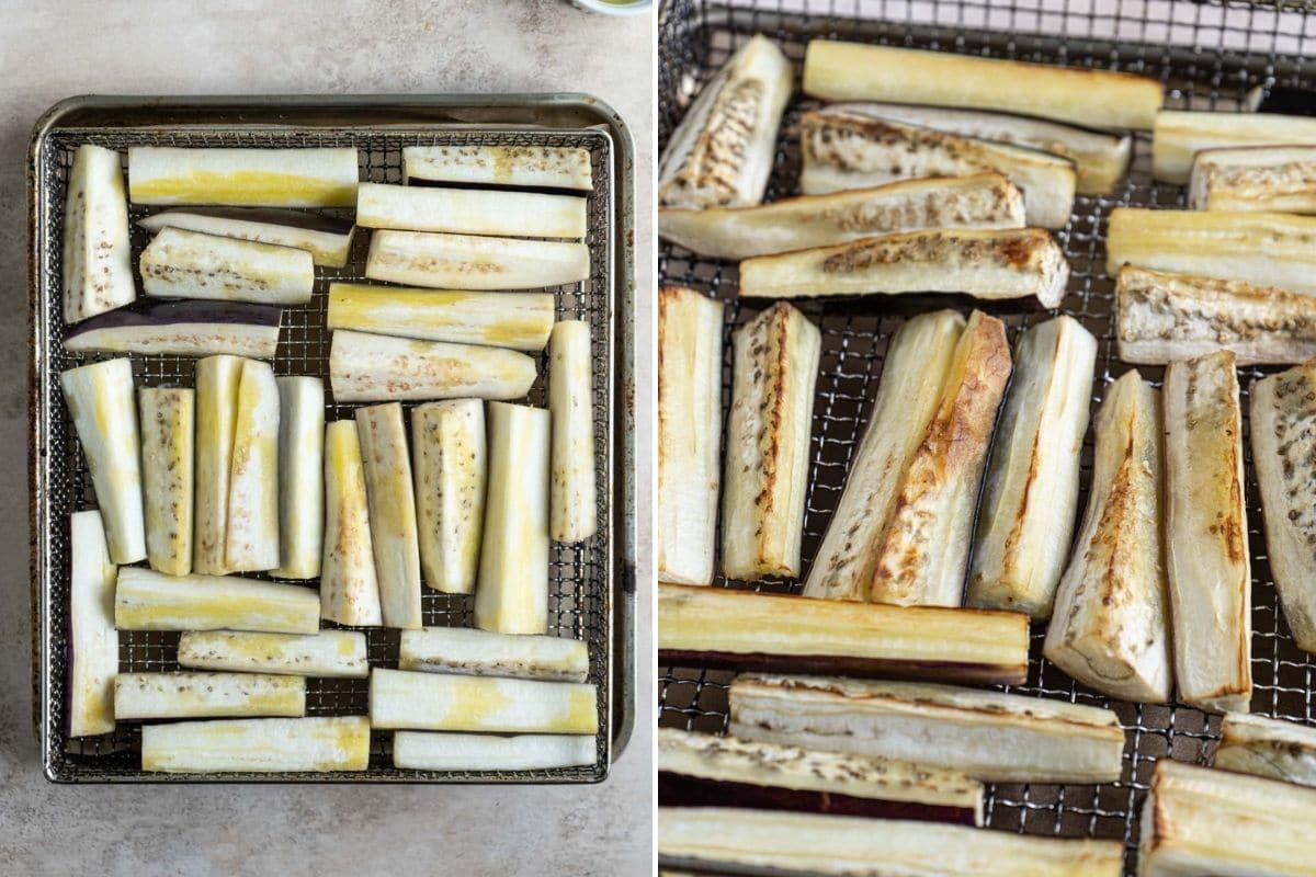 Before and after cooking of eggplants on a baking rack, 