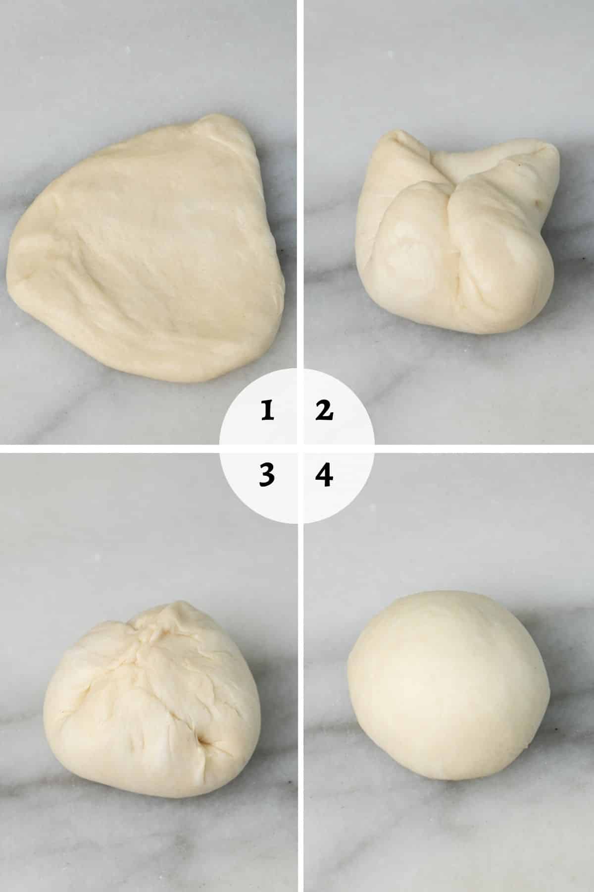 A process shot that shows how to form a small piece of dough into a dough ball. 