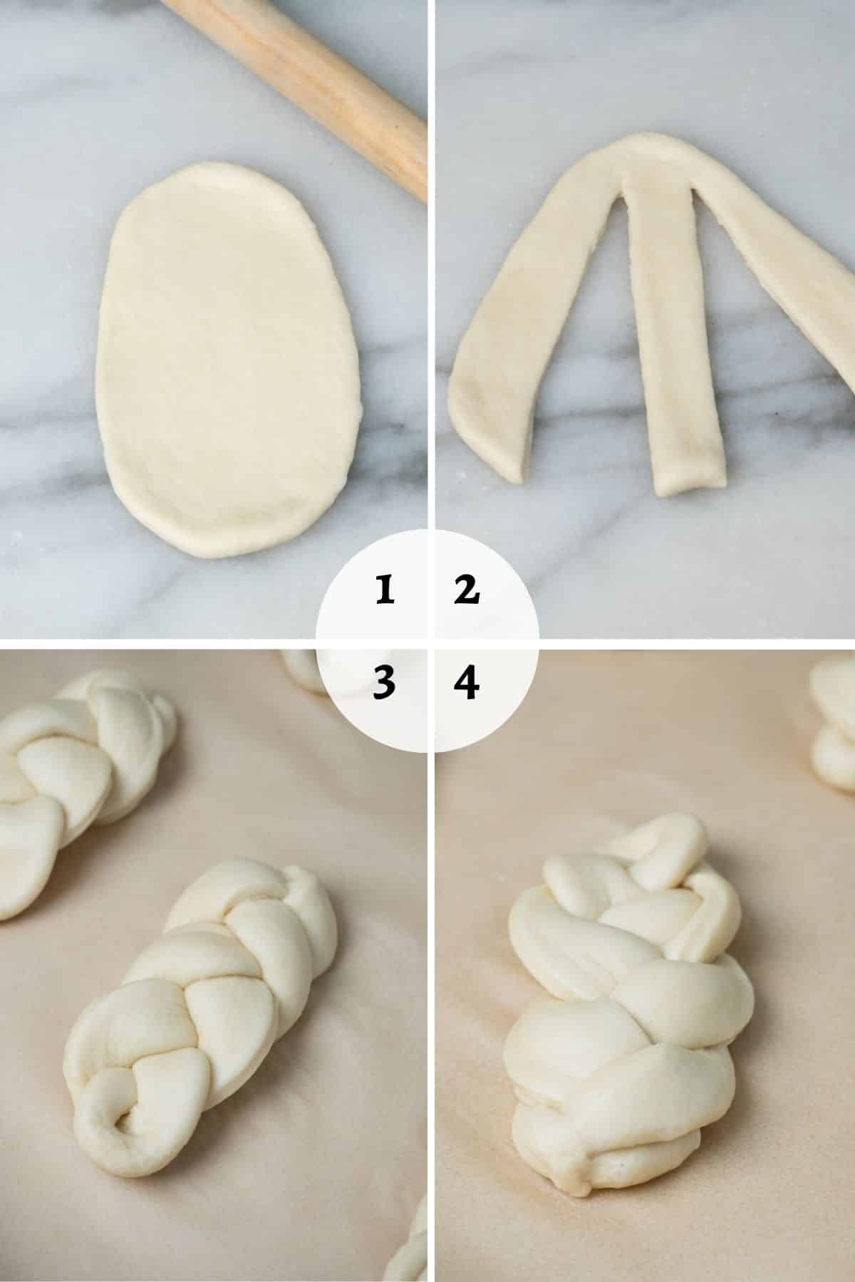 A process shot that shows how to braid the bread.