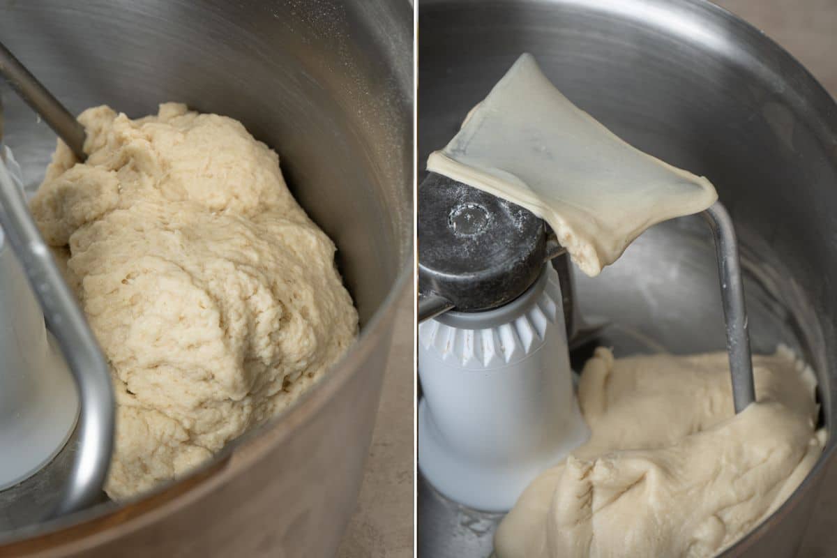 A process shot that show dough is being kneaded in a stand mixer.