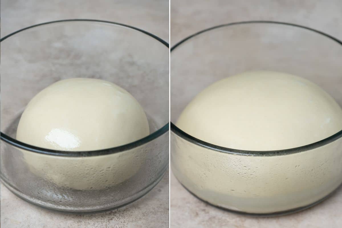 A bowl of risen dough, doubled in size, indicating the completion of the first proofing stage.