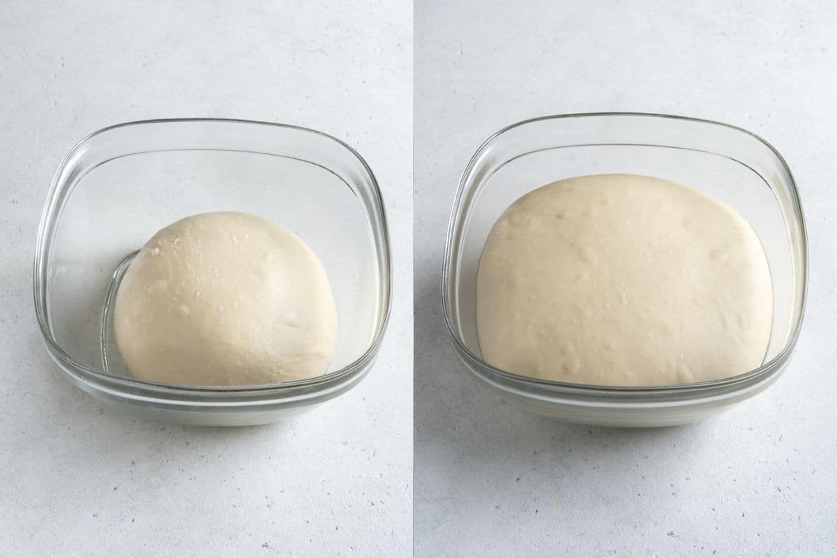 Dough in glass container, before and after proofing. 