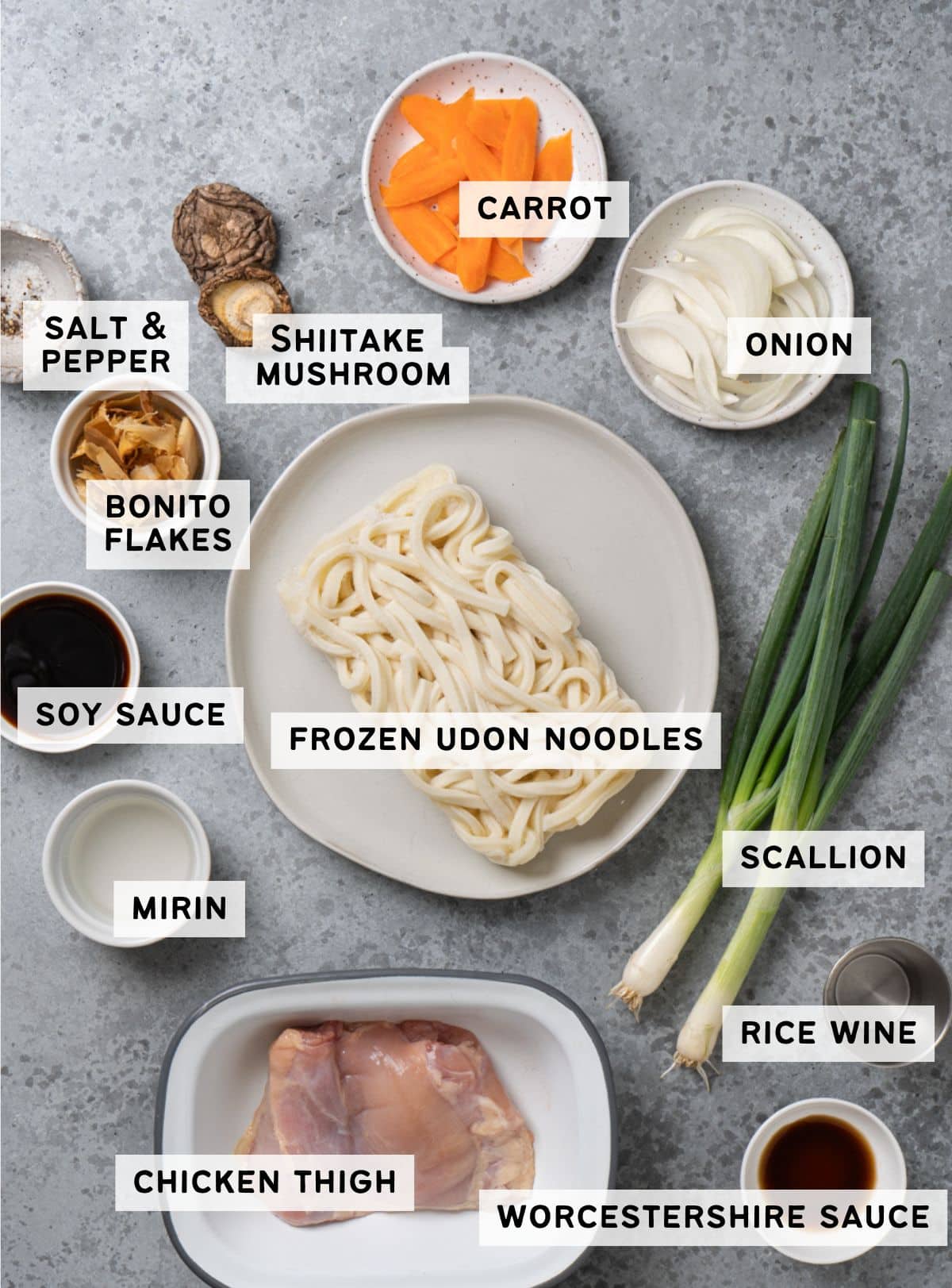 Flat lay of labeled ingredients for chicken udon stir-fry, including frozen udon noodles, chicken thigh, scallion, onion, carrot, shiitake mushroom, soy sauce, mirin, rice wine, Worcestershire sauce, bonito flakes, and salt and pepper, all arranged on a gray surface.