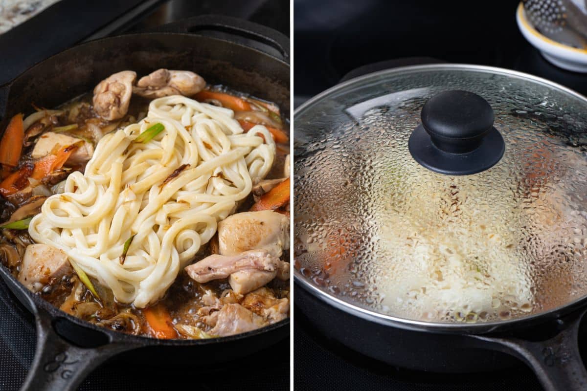 Cooking Japanese stir-fried udon, udon noodles added to a skillet with chicken, carrots, and onions in savory sauce, then covered with a lid to steam and absorb flavor.