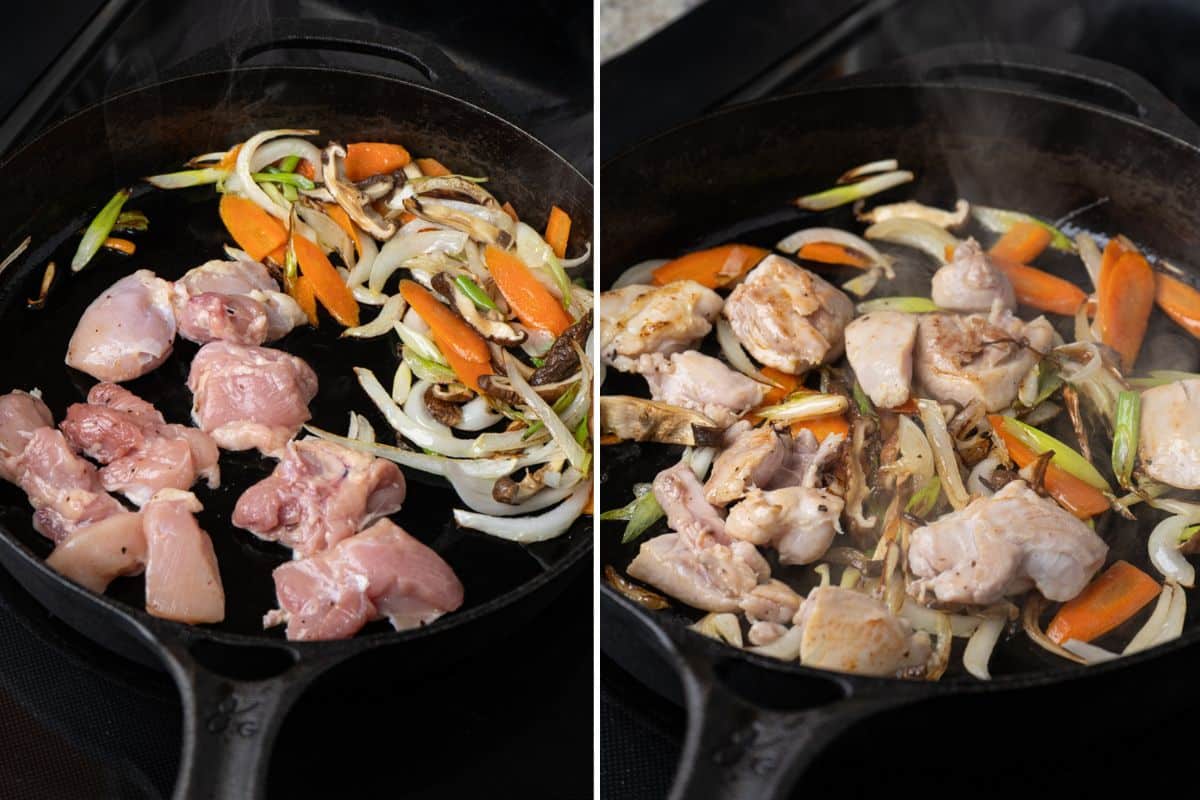 Cooking chicken and vegetables for Japanese stir-fried udon, chicken thigh pieces added to a hot cast iron pan with onions, carrots, and shiitake mushrooms, then seared until golden and cooked through.