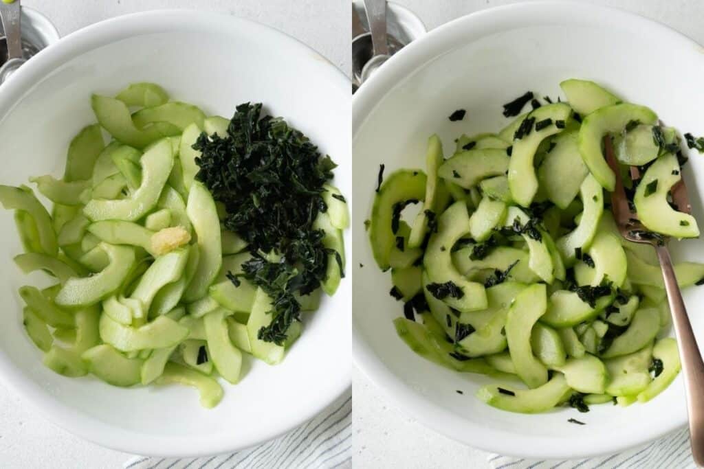 cucumber slices, chopped seaweed, and minced garlic in a white bowl.
