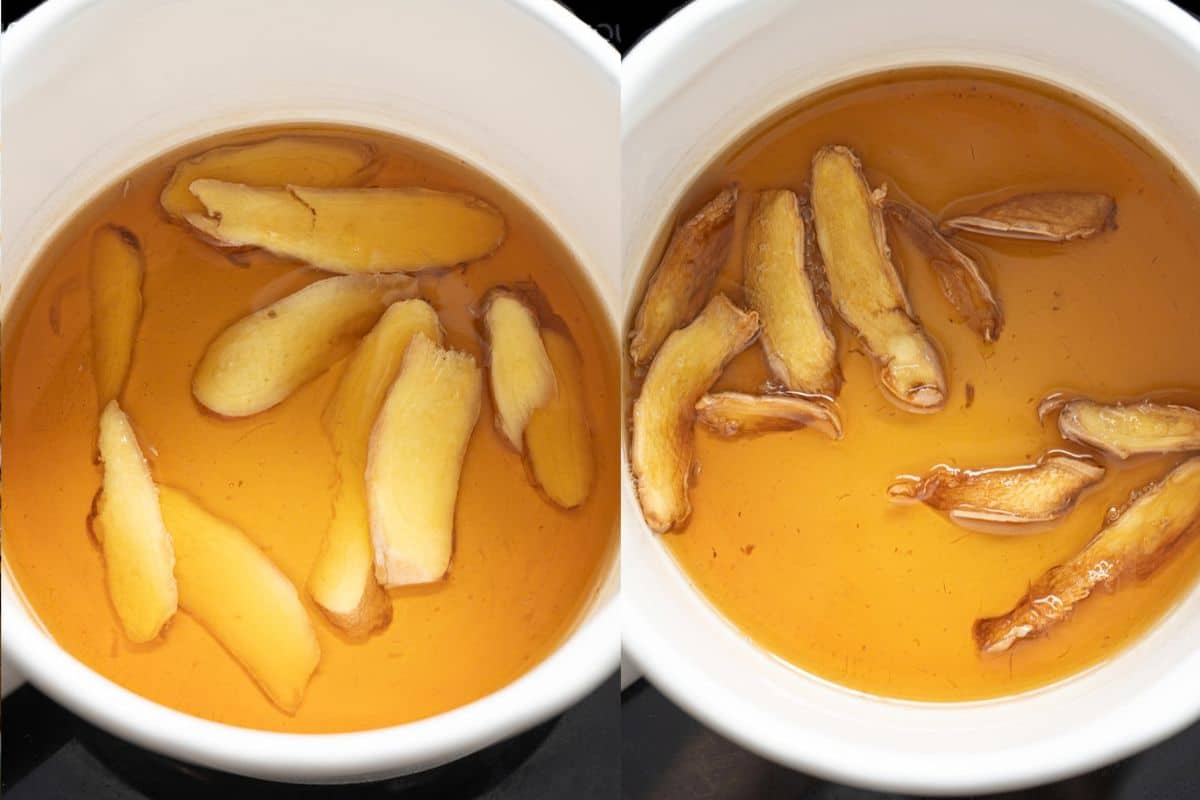 Frying ginger in a white saucepan.